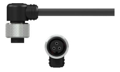side and front view of CTC's A3Y black Nylon molded right angle connector with stainless steel knurled ring, on a black cable