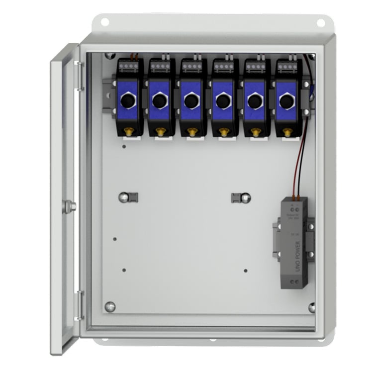 PRO Line PXE250P stainless steel enclosure, shown with an open front panel with 6 mounted drivers and a 24V power supply inside.