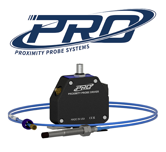 Navy blue PRO Line logo with Proximity Probe Systems tagline, shown above a black proximity probe driver and a proximity probe on a blue extension cable coiled around the base of the driver