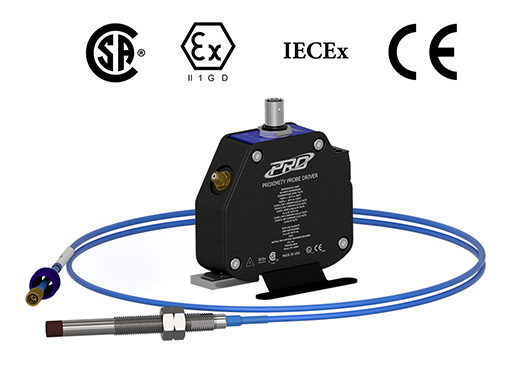 picture of a hazardous-rated 8-millimeter PRO Line Proximity Probe Driver, Probe Tip, and blue Extension Cable, with CSA, ATEX, IECEx, and CE logos shown above driver.