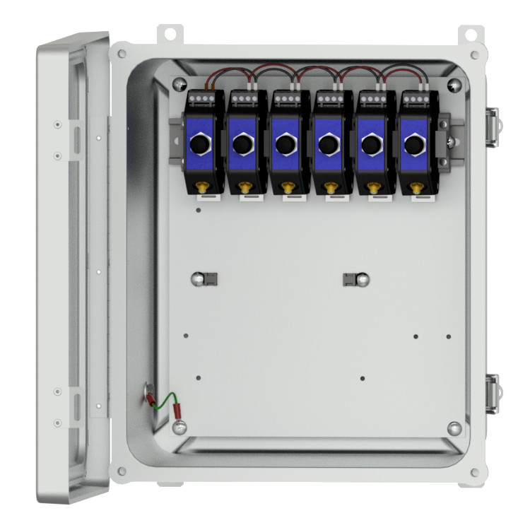 image of an open, fiberglass PXE150 enclosure with 6 mounted drivers