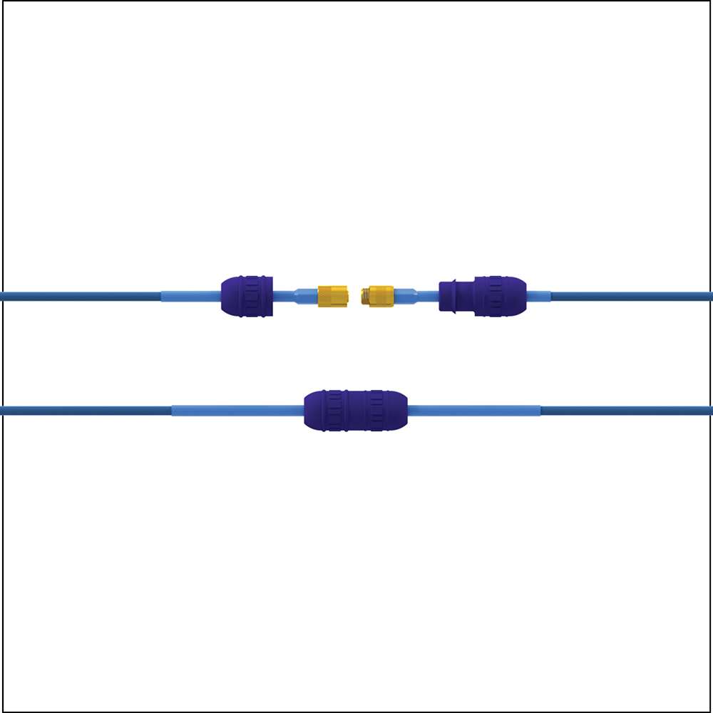 Two blue proximity probe cables with navy blue connector connector protectors, shown separately and connected