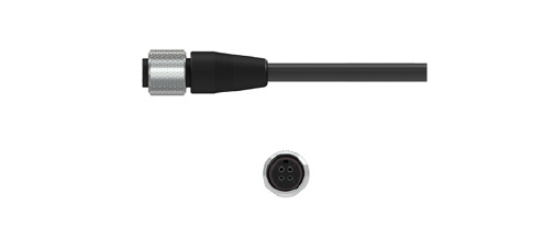 Front and side view of CTC's J4N 4-Pin, Black Nylon Connector with Stainless Steel Knurled Ring for Triaxial Accelerometers