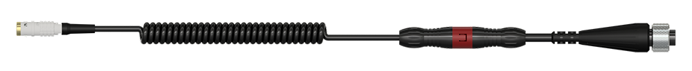 A render of a CTC cable assemble with CB108 coiled cable, C395 connector on left, K2C connector on right, and a safety feature in the middle.