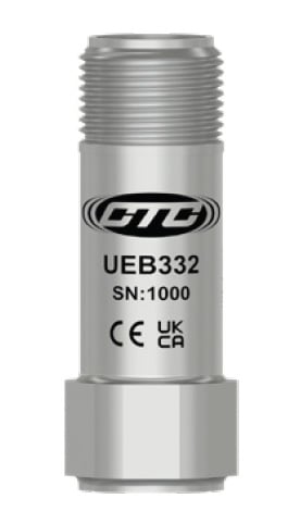 UEB332 stainless steel, top exit, miniature size vibration monitoring sensor with CE and UKCA logos engraved on front of case