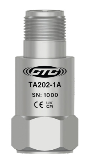 TA202 standard size, top exit, stainless steel vibration monitoring sensor with CE and UKCA logo engravings along with part number and CTC logo