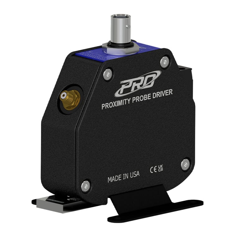 8-millimeter PRO Line proximity probe driver with 4-20 mA output proportional to DC gap, with black plastic case, mounting feet and navy blue metal face plate.
