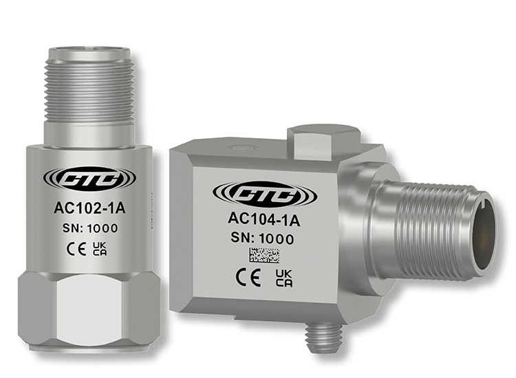 A stainless steel, top exit, standard size CTC vibration sensor next to stainless steel, side exit, standard size AC104 vibration sensor, with CE and UKCA engravings on the cases