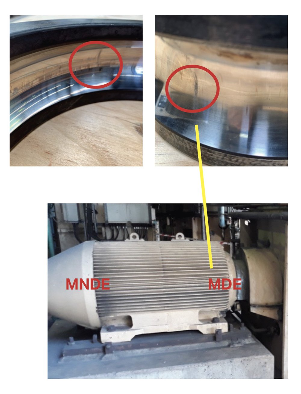 photographs showing the motor and close ups of the defect in the Inner Race Bearing