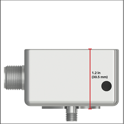 A CTC large-size, side exit triaxial accelerometer with a red measurement line showing a height of 1.45 inches (36.8 millimeters)