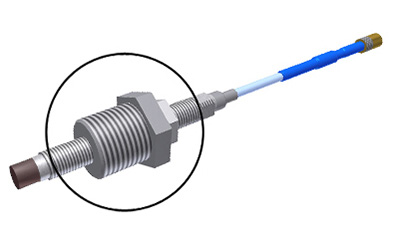 A render of a CTC PRO Line DM901-1A mounting bushing adapter on an 8 mm proximity probe.