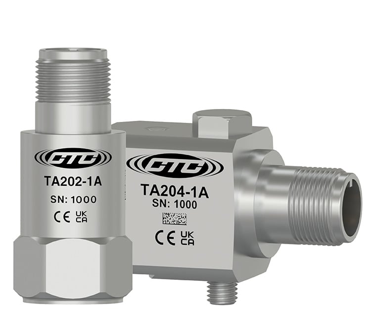 A standard size, top exit TA202-1A dual output sensor next to a standard size, side exit TA204-1A dual output sensor.