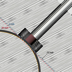 Illustration of a PRO Line stainless steel proximity probe with a black probe tip mounted on the shaft of a journal bearing inside an industrial machine.