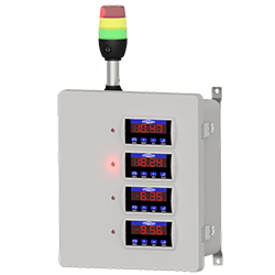 A render of CTC PXD100 Series Proximity Probe Driver Relay and Display Enclosure with tri-color stack light.