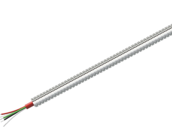 CTC's CB618 cable with exterior stainless steel armor jacket, and red inner jacket with exposed red, white, black, and green connector wires