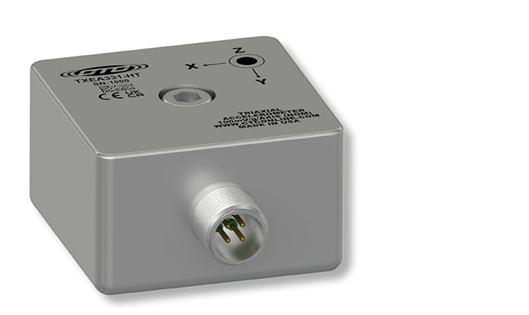 CTC's TXEA331-HT square triaxial accelerometer with side exit connector and Z, X, and Y Axis Labels