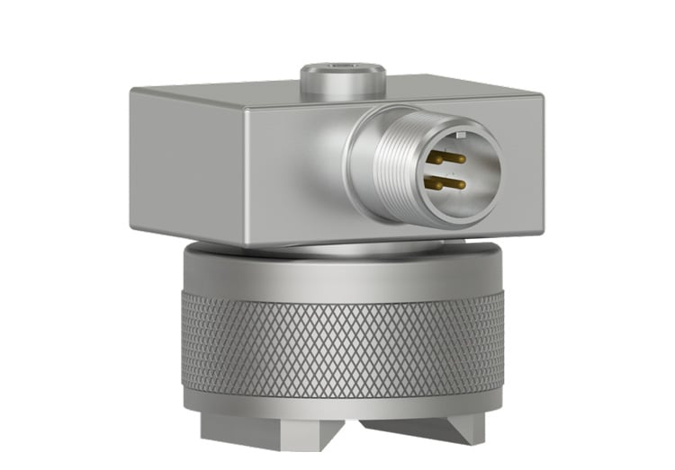 render of a CTC TREA330 100 mV/g triaxial side exit accelerometer mounted on a CTC MH114-3T multipurpose magnet mount base