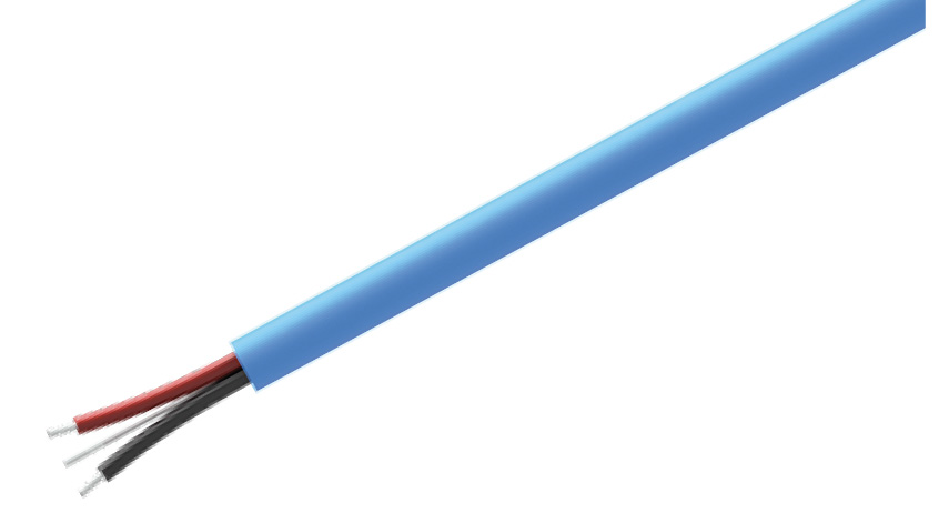 blue PLTC jacketed CB190 cable with red and black conductor wires showing on one end