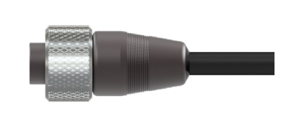 Side view of CTC's A2R Black PPS molded industrial connector with a stainless steel knurled locking ring