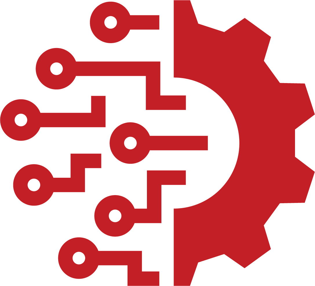 a red icon showing half of a cog gear and connectivity lines representing the concept of vibration sensor technology