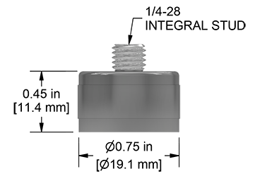 Line Drawing showing the Dimensions of the cylindrical MH136-1A flat surface mounting magnet with integral stud coming out the top
