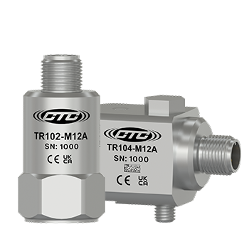 A top exit CTC TR102-M12 RTD sensor next to a side exit TR104-M12 RTD sensor.