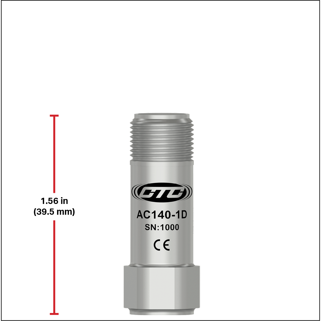 A CTC mini size top exit accelerometer next to a red measurement line showing a height of 1.56 inches (39.5 millimeters)