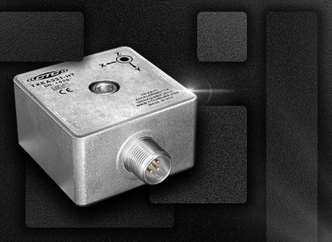 cube shaped, stainless steel triaxial accelerometer with side exit connector, CTC logo, and coordinate plane