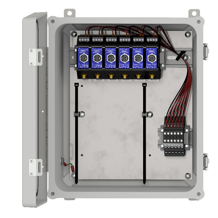 image of an open PXE150T fiberglass enclosure with 6 mounted drivers and terminal blocks