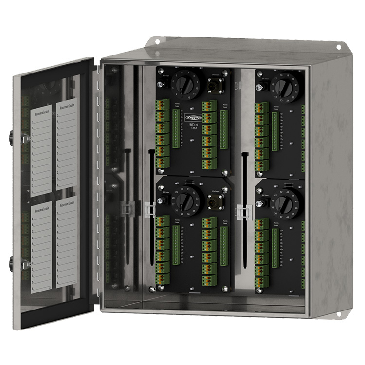 A stainless steel SB202 switch box with front panel open to show 4 terminal block panels and 4 sensor location cards.