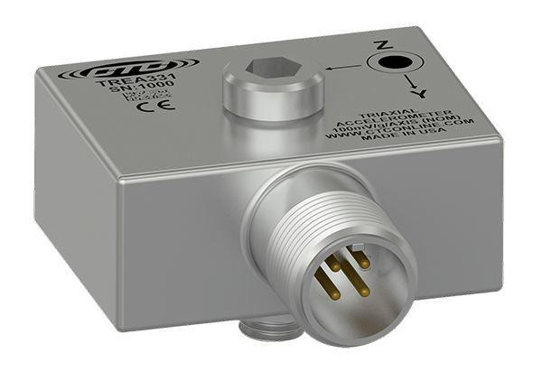 A render of CTC's TREA331 mini size, side exit triaxial accelerometer