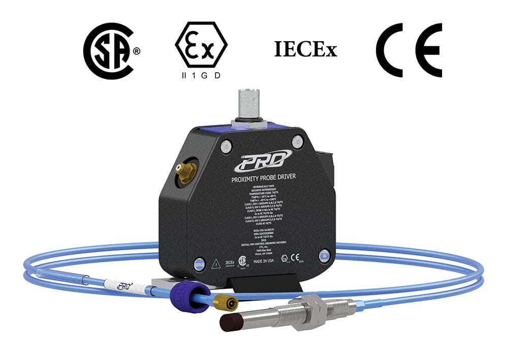 picture of a hazardous-rated 8-millimeter PRO Line Proximity Probe Driver, Probe Tip, and blue Extension Cable, with CSA, ATEX, IECEx, and CE logos shown above driver.