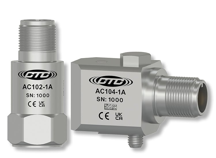 CTC's AC102 top exit stainless steel vibration monitoring sensor next to CTC's AC104 stainless steel side exit vibration monitoring sensor