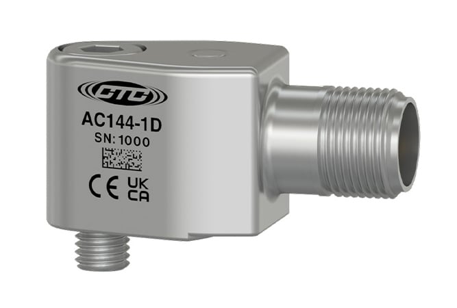 A stainless steel, side exit, miniature sized AC140-1D condition monitoring sensor with CE and UKCA certification engravings