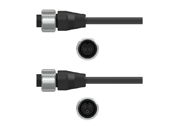 Side and front views of A2A 2-Pin, Black Nylon Connector with Stainless Steel Knurled Ring, and A3A 3-Pin, Black Nylon Connector with Stainless Steel Knurled Ring