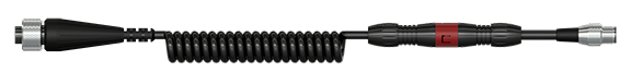 A render of a CTC cable assembly with C555 connector, CB104 coiled cable, safety feature, and K2C connector.