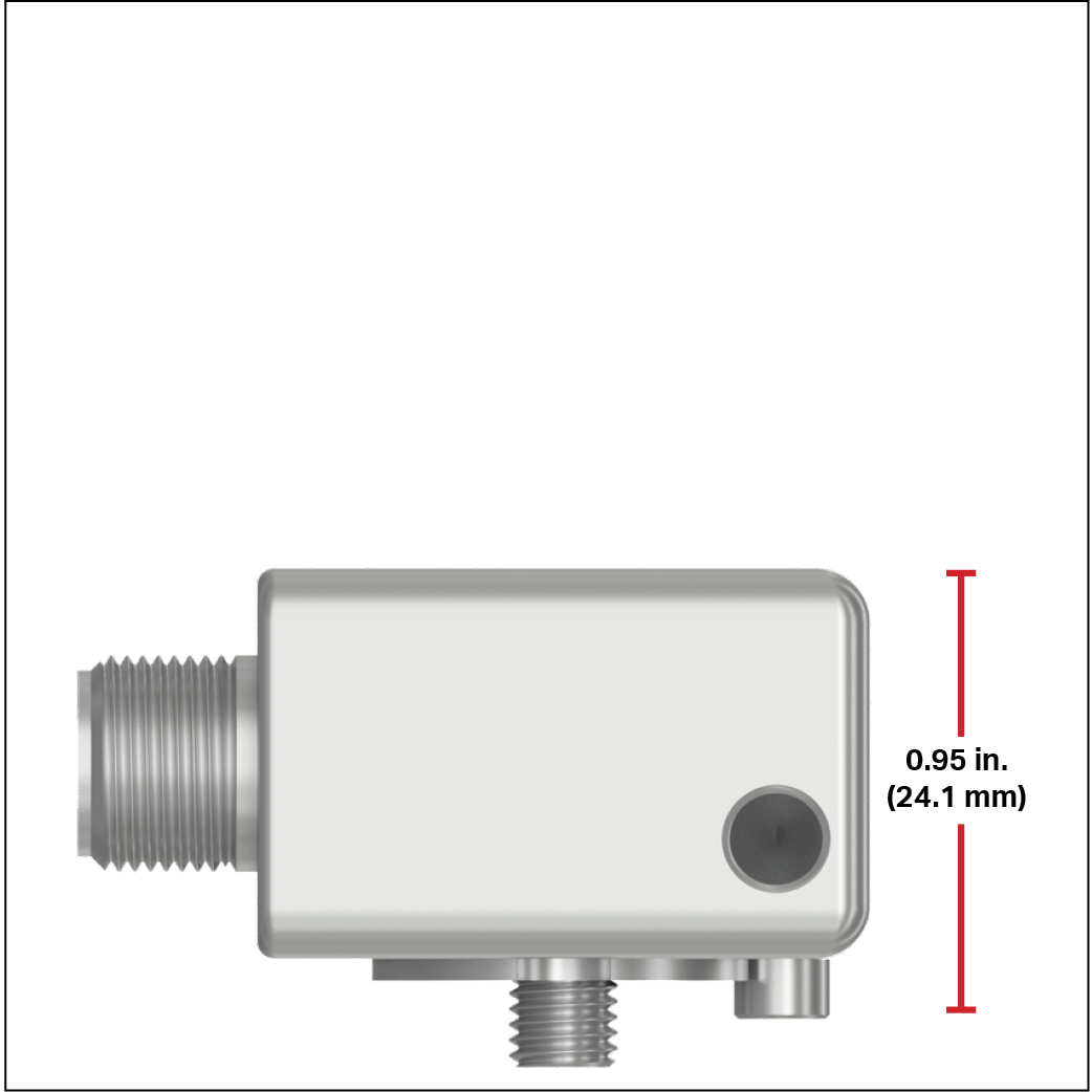 CTC legacy side exit triaxial accelerometer with a red measurement line showing a height of 1.15 inches (29.2 millimeters)