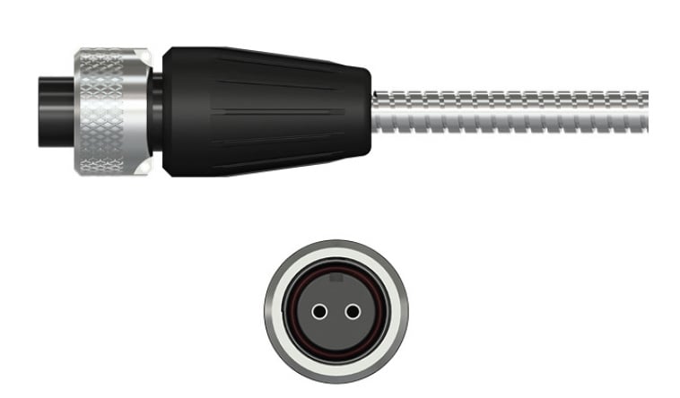 side and front view of a CTC Q Series black connector with stainless steel knurled locking ring on an armored cable