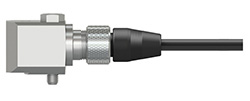 A black nylon A Series connector with stainless steel locking ring connected to a standard size side exit CTC accelerometer