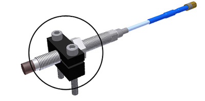 A render of a CTC PRO Line DM902-1A proximity probe mounting block on an 8 mm proximity probe.