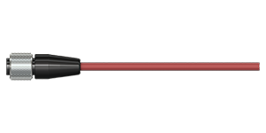 A render of a red CTC CB102 cable with a black and stainless steel J2A connector.