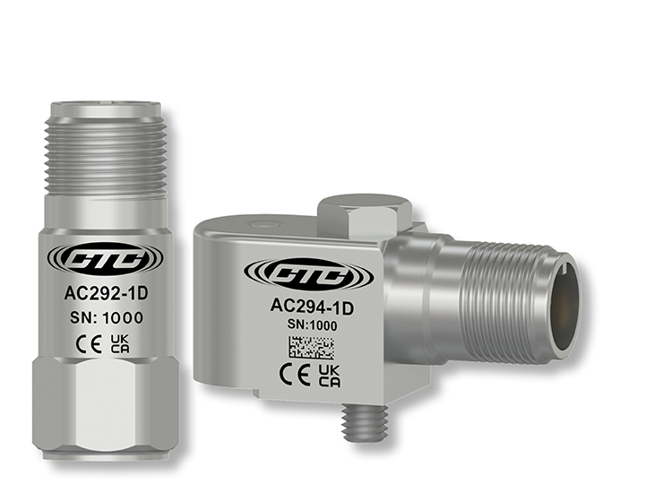 a stainless steel, top exit AC292 compact size industrial sensor next to a stainless steel, side exit, AC294 compact size vibration sensor