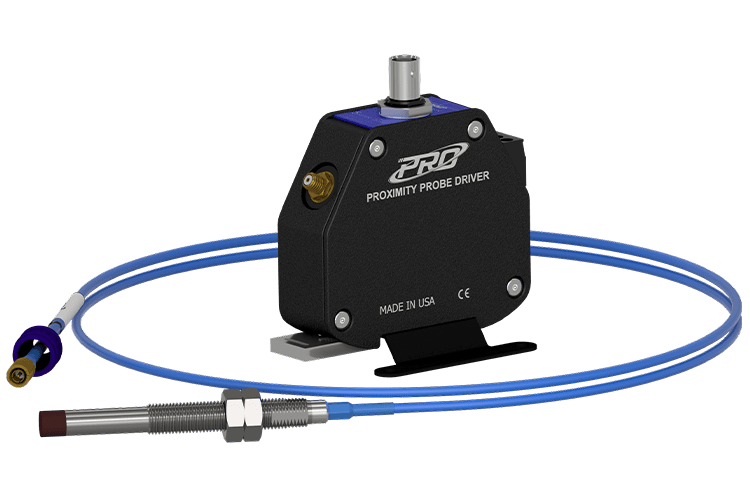 A render of a CTC PRO Line 8 mm proximity probe, extension cable, and driver