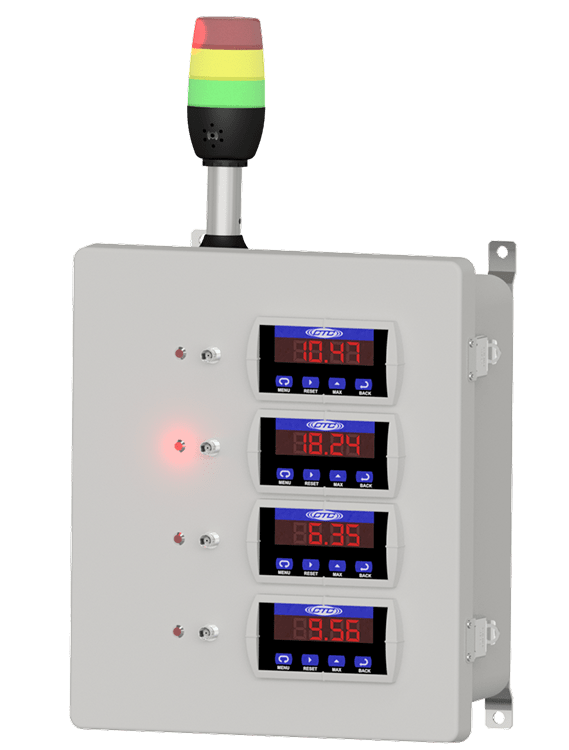 A render of CTC's SCD100 Series relay and display enclosure with red, yellow, and green stack light.