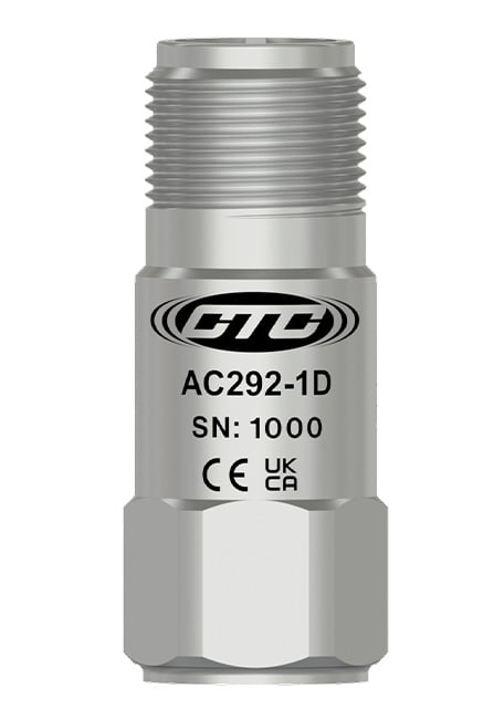 A render of a stainless steel AC929 compact size, top exit accelerometer engraved with the CTC Line logo, part number, serial number, and certification logos.