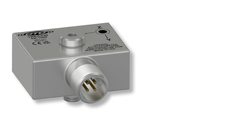 a side exit, mini size triaxial industrial accelerometer with A, X, and Y Axis Labels