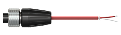 A render of a polycarbonate molded A2AG grounded connector on a red FEP jacketed CB102 cable.