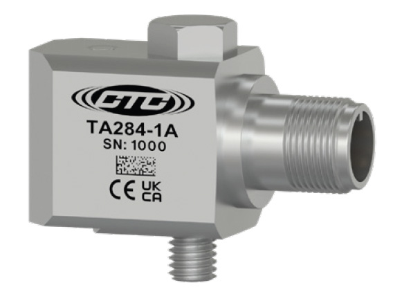TA284 standard size, side exit, stainless steel industrial vibration sensor with CTC logo, part number, serial number, and certification logos engraved on the case