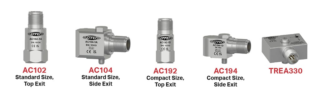 stainless steel top exit and side exit condition monitoring sensors in standard and compact sizes lined up for size comparison