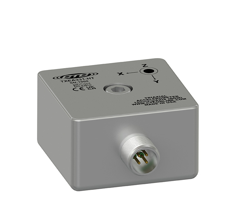 A TXEA331-HT side exit, triaxial high temperature accelerometer engraved with the CTC line logo, part number, serial number, and Z, X, and Y axis labels.